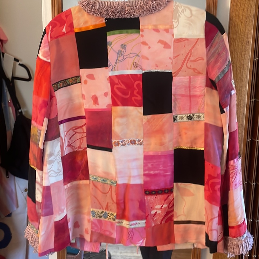 Pink And Red Patchwork Blazer With Geometric Desi… - image 3